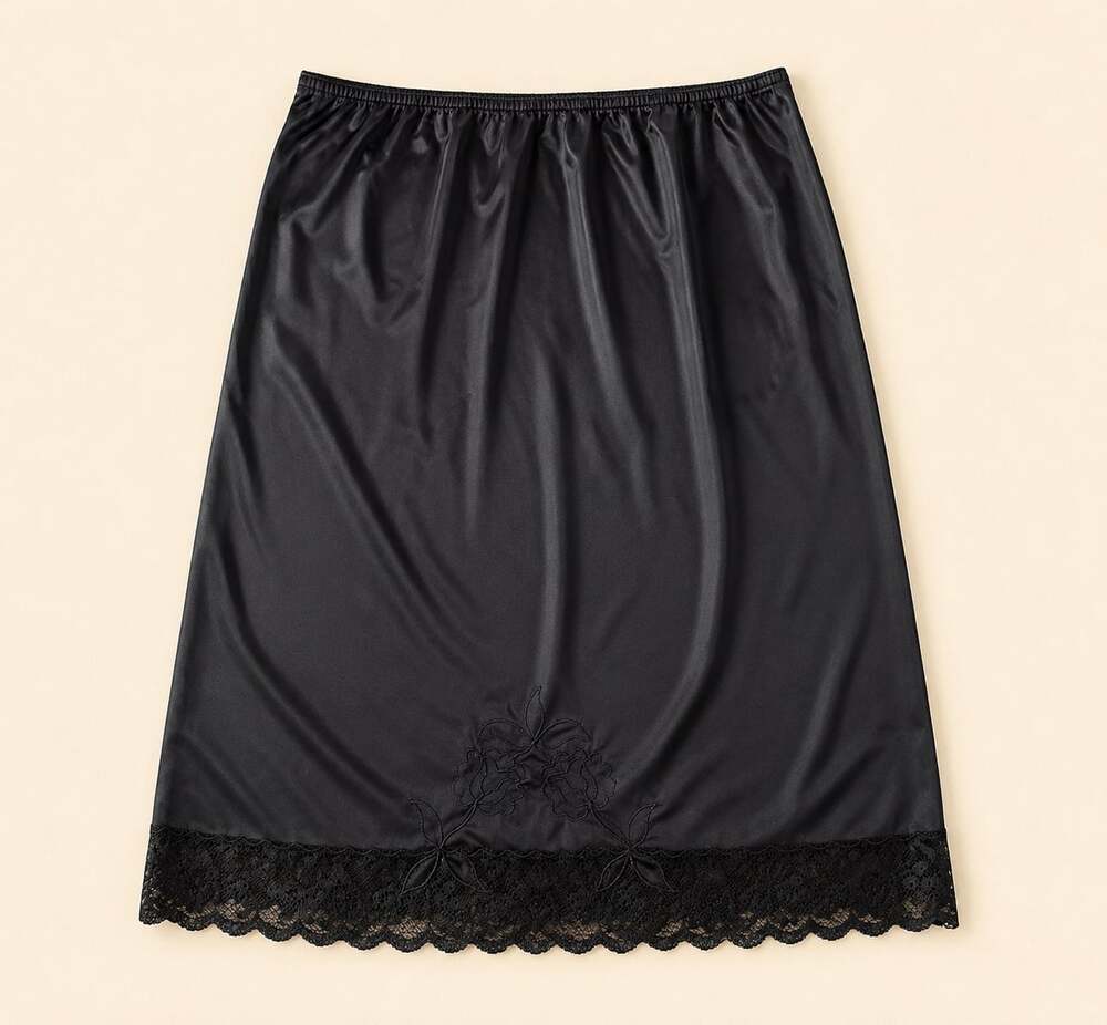 Vintage Black Satin Lace Slip Skirt Y2K Goth Coquette Midi Large